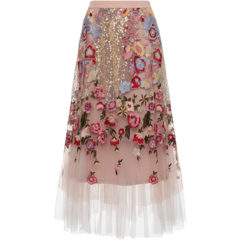 Eva Franco Pink Floral Embroidered Tulle Sequin Midi Skirt Womens Size 2 USA